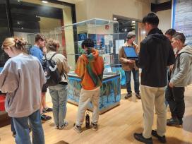 Students visit the museum to experience the 3D exhibit, a glass case with fossils, sediments, and other objects in it. 