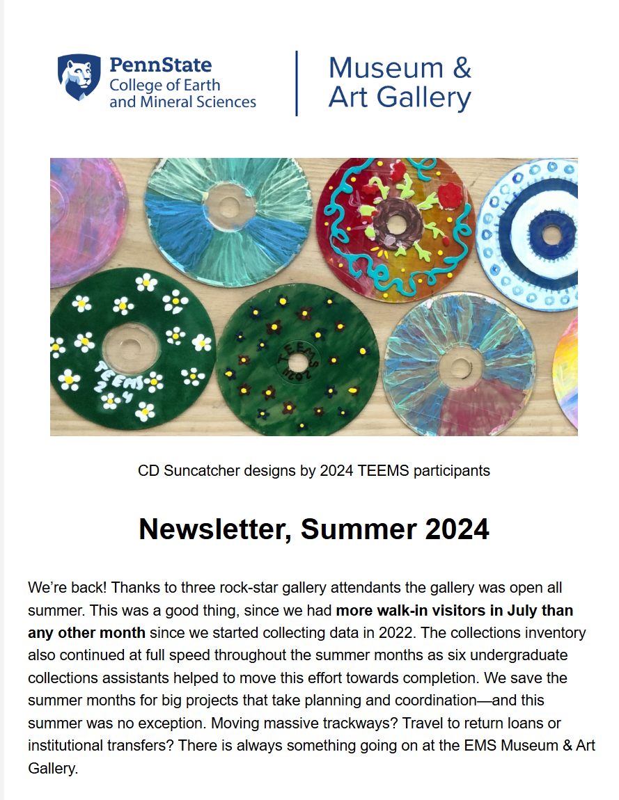 Screenshot of the newsletter showing colorful painted CDs as a student craft