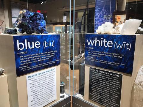 The EMS Museum & Art Gallery will be hosting a special event celebrating the unveiling of the renovated gallery space from 4 to 8 p.m. on Thursday, April 25. The event will be held in conjunction with the Penn State Museum Consortium’s Night at the Museums. Credit: Penn State. Creative Commons Large blue and white minerals in an exhibit case with labels